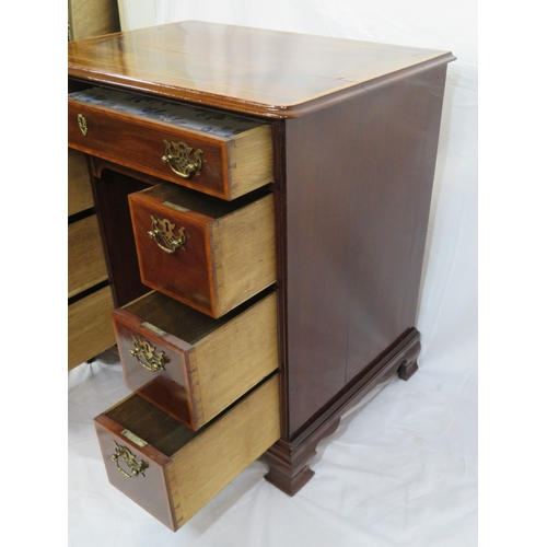 386 - Edwardian inlaid & crossbanded mahogany kneehole desk, 1 frieze & 6 side drawers with brass drop han... 