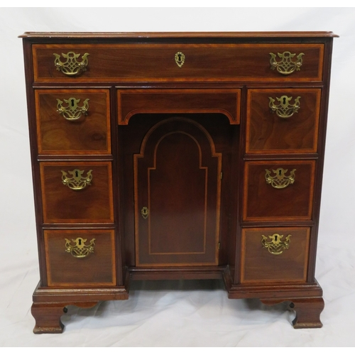 386 - Edwardian inlaid & crossbanded mahogany kneehole desk, 1 frieze & 6 side drawers with brass drop han... 