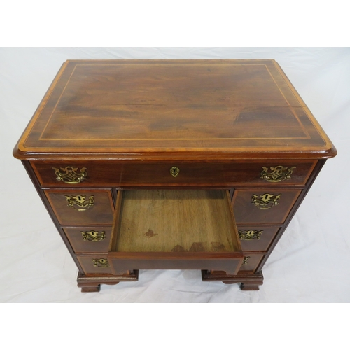 386 - Edwardian inlaid & crossbanded mahogany kneehole desk, 1 frieze & 6 side drawers with brass drop han... 