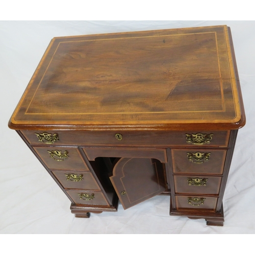 386 - Edwardian inlaid & crossbanded mahogany kneehole desk, 1 frieze & 6 side drawers with brass drop han... 