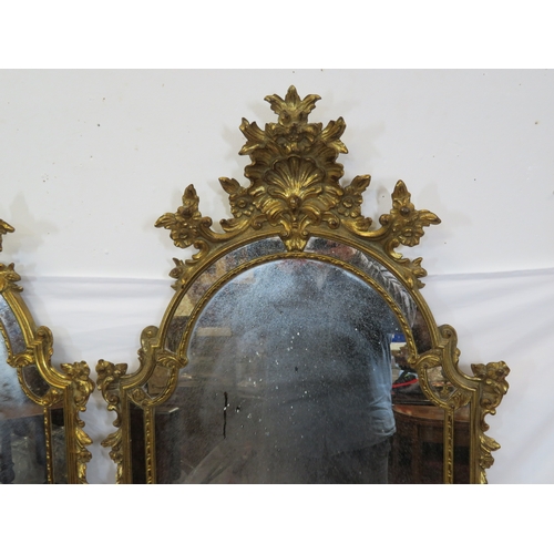 397 - Pair of ornate French style domed framed wall  mirrors with ornate shell & foliate decoration