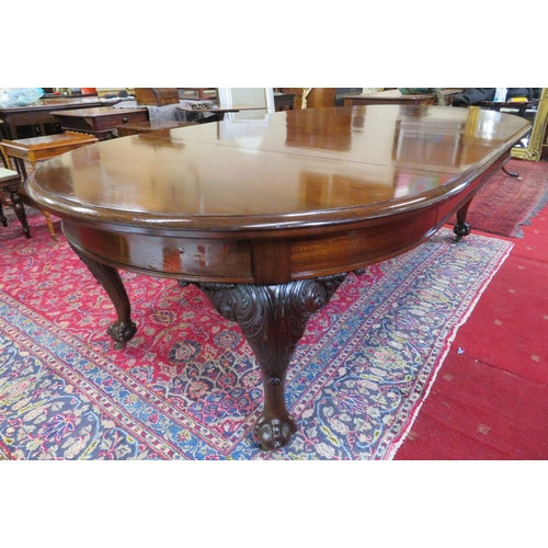 400 - Victorian mahogany D-end dining table with 2 extra leaves inset, ornate scroll & foliate carved cabr... 