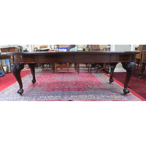 400 - Victorian mahogany D-end dining table with 2 extra leaves inset, ornate scroll & foliate carved cabr... 