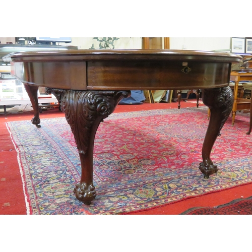 400 - Victorian mahogany D-end dining table with 2 extra leaves inset, ornate scroll & foliate carved cabr... 