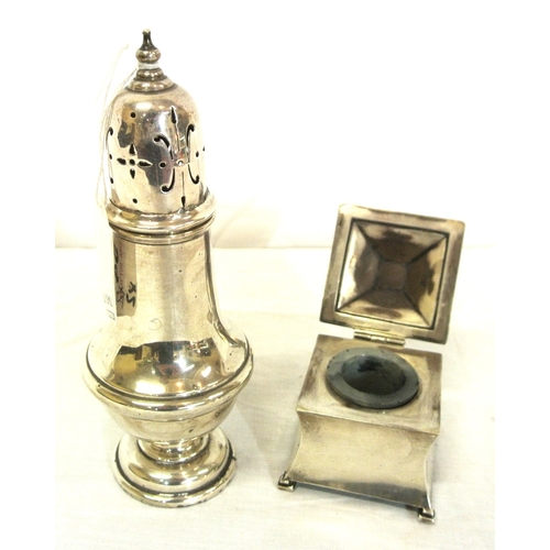 54 - Silver sugar caster with round base, and a Birmingham silver inkwell of square tapering form, 2667g ... 