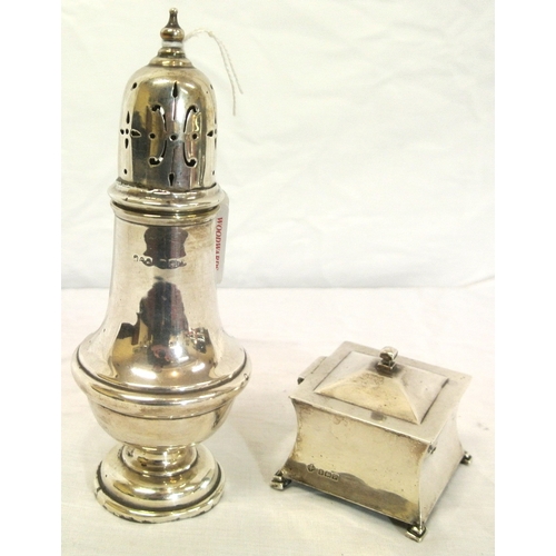 54 - Silver sugar caster with round base, and a Birmingham silver inkwell of square tapering form, 2667g ... 