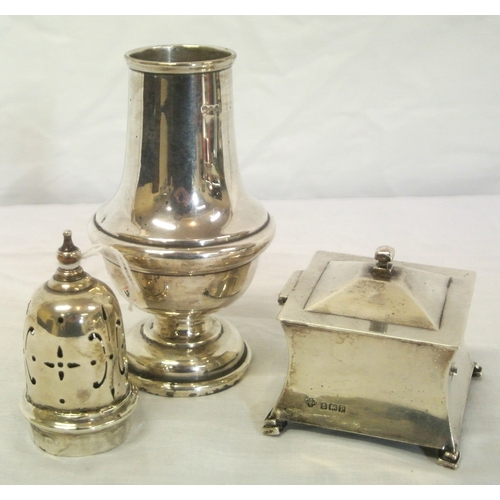 54 - Silver sugar caster with round base, and a Birmingham silver inkwell of square tapering form, 2667g ... 