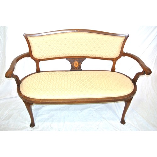 468 - Edwardian inlaid mahogany sofa with shaped rails & arms, foliate upholstery, on cabriole legs with p... 