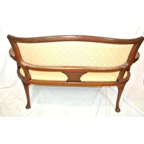 468 - Edwardian inlaid mahogany sofa with shaped rails & arms, foliate upholstery, on cabriole legs with p... 