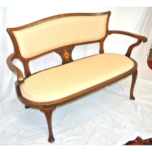 468 - Edwardian inlaid mahogany sofa with shaped rails & arms, foliate upholstery, on cabriole legs with p... 