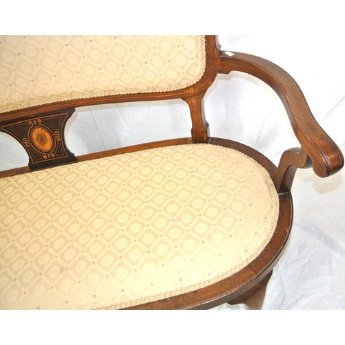 468 - Edwardian inlaid mahogany sofa with shaped rails & arms, foliate upholstery, on cabriole legs with p... 