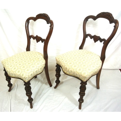 466 - Pair of Victorian walnut occasional chairs with shaped rails, serpentine fronted upholstered seats, ... 