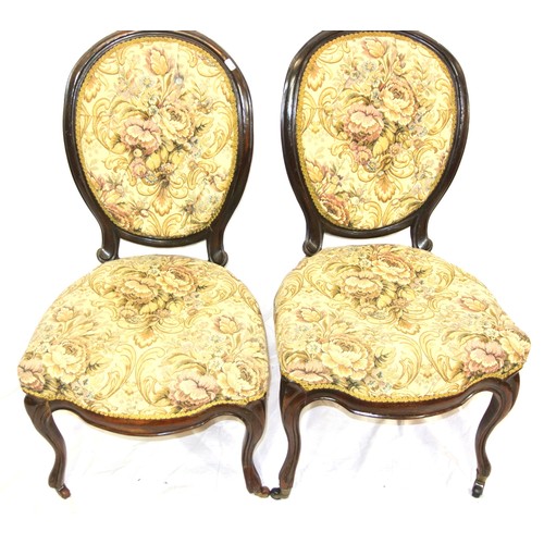 465 - Pair of Victorian balloon back occasional chairs with serpentine fronted seats, foliate upholstery, ... 