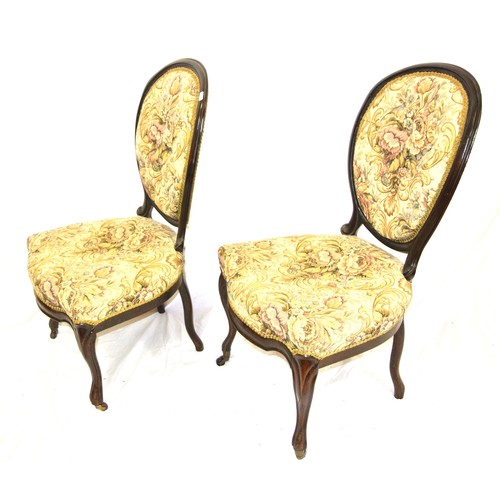 465 - Pair of Victorian balloon back occasional chairs with serpentine fronted seats, foliate upholstery, ... 