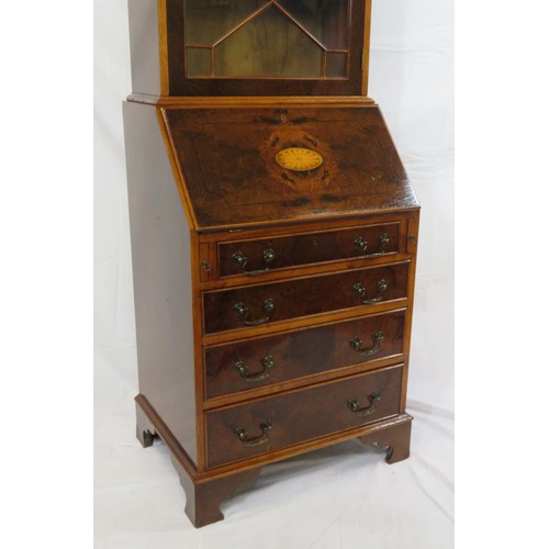 425 - Edwardian walnut & mahogany slim bureau bookcase with dentil frieze, astragal glazed door, shelved i... 