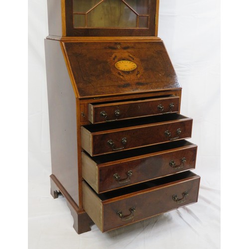 425 - Edwardian walnut & mahogany slim bureau bookcase with dentil frieze, astragal glazed door, shelved i... 