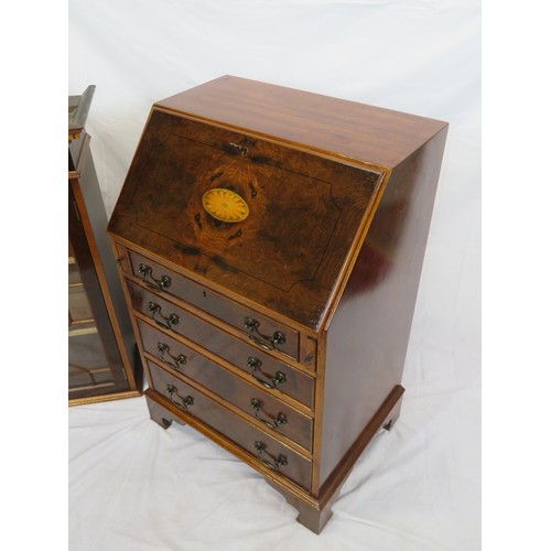 425 - Edwardian walnut & mahogany slim bureau bookcase with dentil frieze, astragal glazed door, shelved i... 