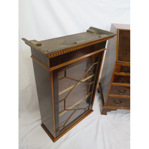 425 - Edwardian walnut & mahogany slim bureau bookcase with dentil frieze, astragal glazed door, shelved i... 