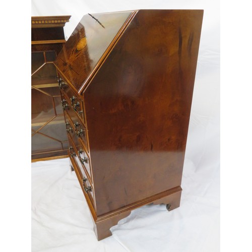 425 - Edwardian walnut & mahogany slim bureau bookcase with dentil frieze, astragal glazed door, shelved i... 