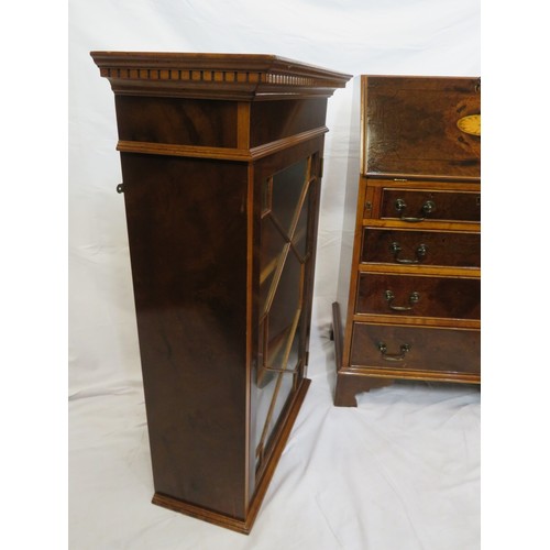 425 - Edwardian walnut & mahogany slim bureau bookcase with dentil frieze, astragal glazed door, shelved i... 