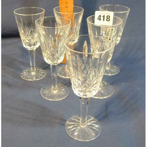 418 - Set of 6 Waterford Crystal sherry glasses with diamond decoration & round bases