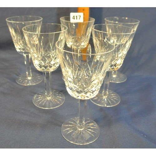 417 - Set of 6 Waterford Crystal cut glass wine glasses with diamond decoration & round bases