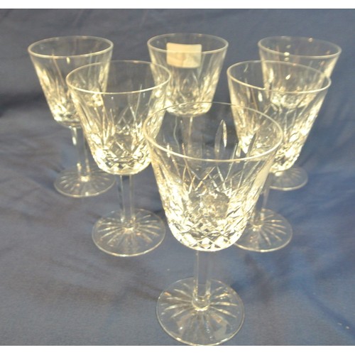 417 - Set of 6 Waterford Crystal cut glass wine glasses with diamond decoration & round bases