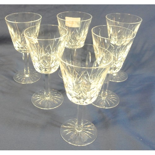 417 - Set of 6 Waterford Crystal cut glass wine glasses with diamond decoration & round bases