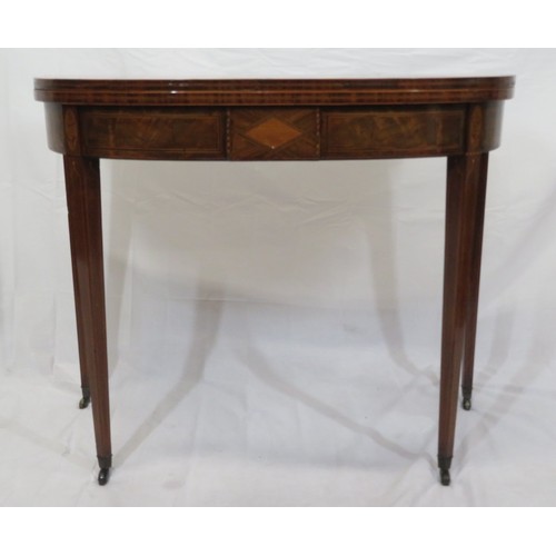 415 - Edwardian inlaid & crossbanded Sheraton style card or hall table with fold-over top, double gateleg ... 