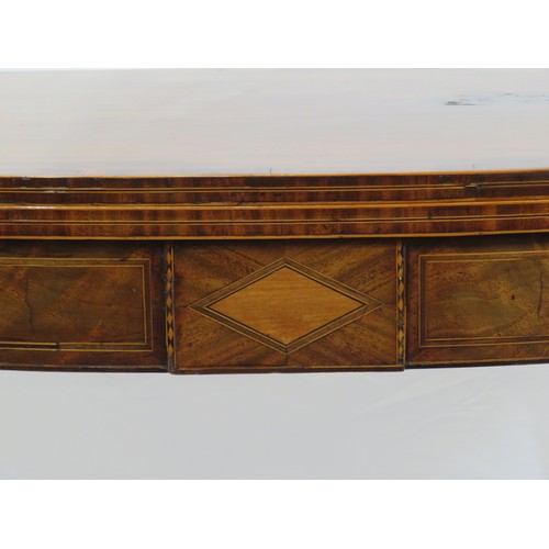 415 - Edwardian inlaid & crossbanded Sheraton style card or hall table with fold-over top, double gateleg ... 