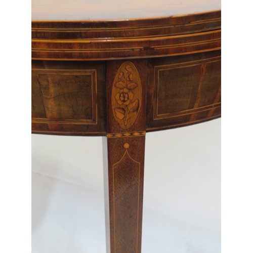 415 - Edwardian inlaid & crossbanded Sheraton style card or hall table with fold-over top, double gateleg ... 