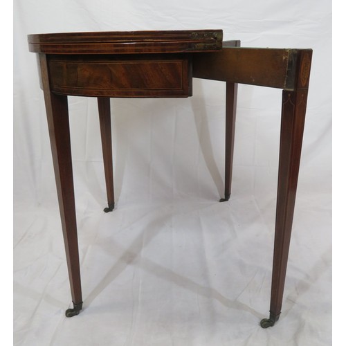 415 - Edwardian inlaid & crossbanded Sheraton style card or hall table with fold-over top, double gateleg ... 