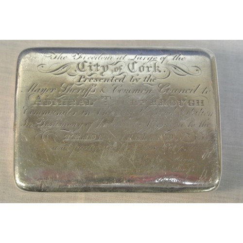 155 - Irish Silver Freedom Box of round oblong form, with applied Cork Coat of Arms on the lid, the border... 