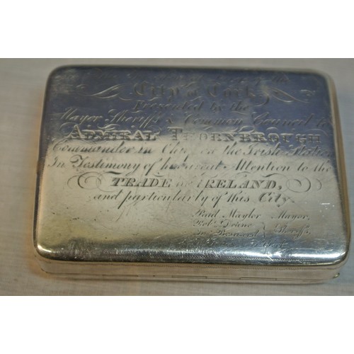 155 - Irish Silver Freedom Box of round oblong form, with applied Cork Coat of Arms on the lid, the border... 