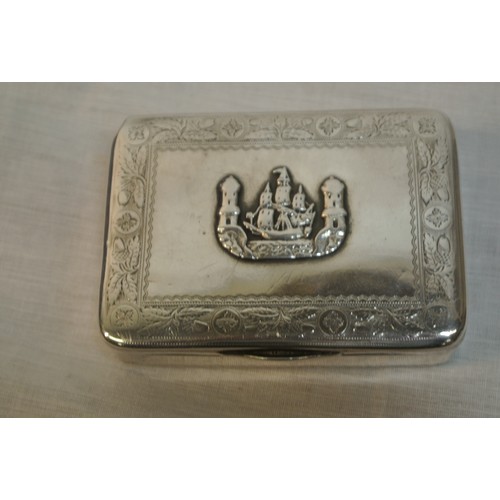 155 - Irish Silver Freedom Box of round oblong form, with applied Cork Coat of Arms on the lid, the border... 