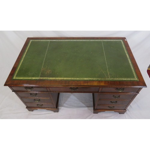 405 - Edwardian mahogany pedestal desk with 3 frieze drawers, 6 side drawers, leatherette inset, drop hand... 