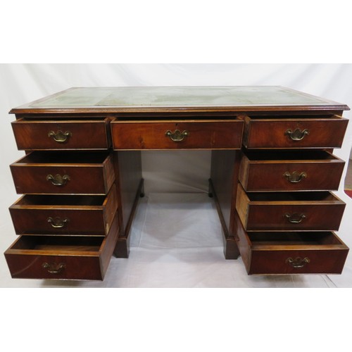 405 - Edwardian mahogany pedestal desk with 3 frieze drawers, 6 side drawers, leatherette inset, drop hand... 