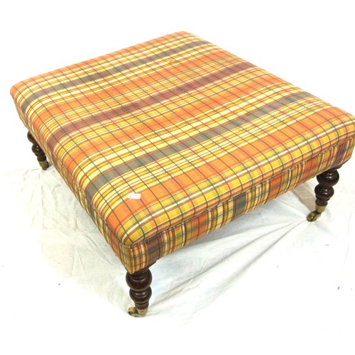 461 - Square Victorian style upholstered footstool with baluster turned legs and casters