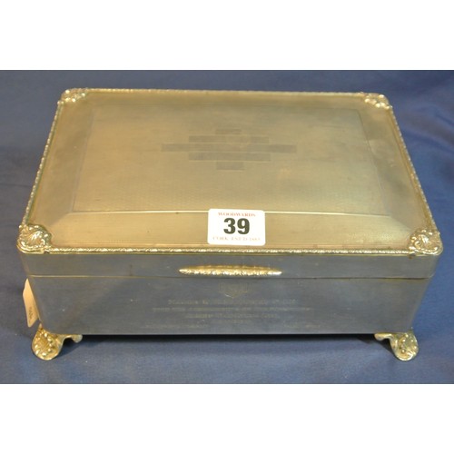 39 - Birmingham silver stationery or jewellery casket with shell corners and feet, inscribed, 9x23.16cm, ... 