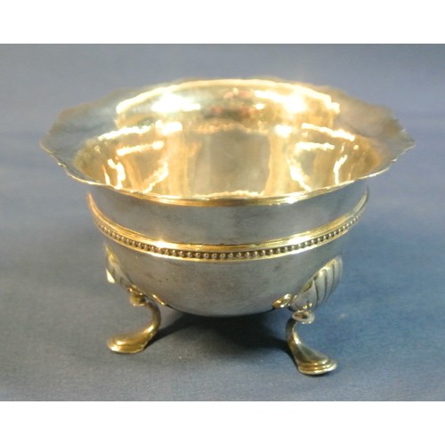 127 - Irish Provincial silver circular sugar bowl  with wavy edge and beaded rim, on tripod shell headed h... 