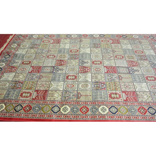 324 - Rich red ground Kashmir carpet, full pile with Persian panel design. 310 x 190cm