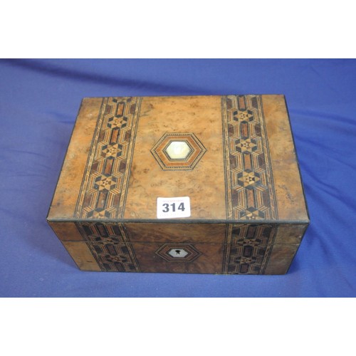 314 - Edwardian inlaid walnut jewellery or stationery box with ornate inlay & lined interior