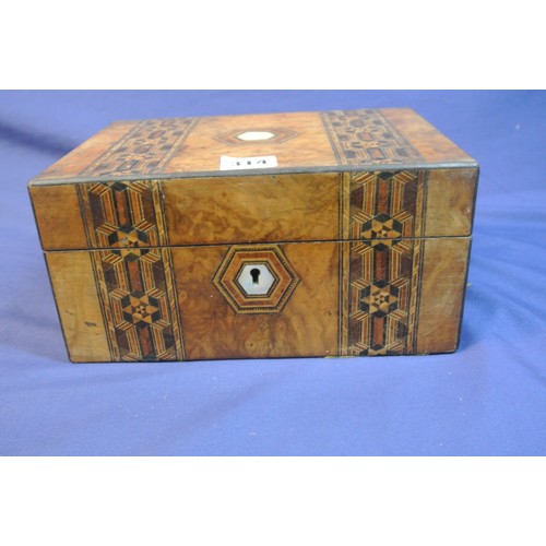 314 - Edwardian inlaid walnut jewellery or stationery box with ornate inlay & lined interior