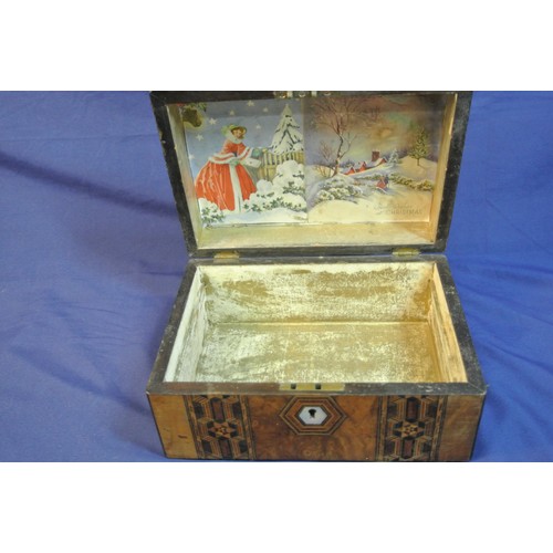 314 - Edwardian inlaid walnut jewellery or stationery box with ornate inlay & lined interior