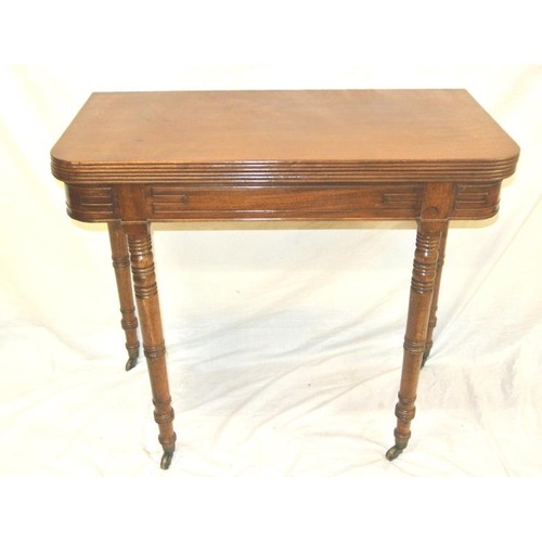 450 - Regency style mahogany tea table with fold-over top, gateleg support, triple reeded border, on ring ... 