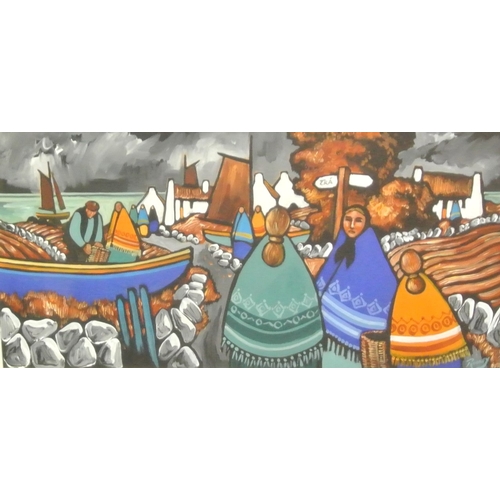 222 - JP Rooney 'Fisherfolk and boats' oil on board 36x73cm, signed