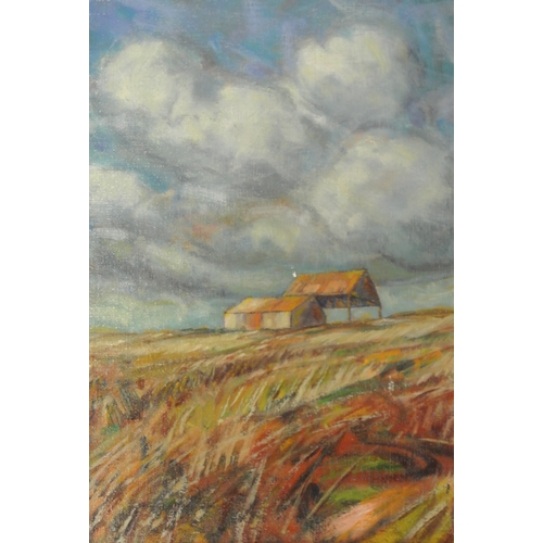 232 - Fred McElwee 'Hayfield' oil on canvas, 34x30cm, signed