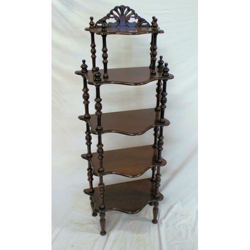 277 - Victorian design five tier serpentine fronted whatnot with pierced pediment, turned rails and finial... 