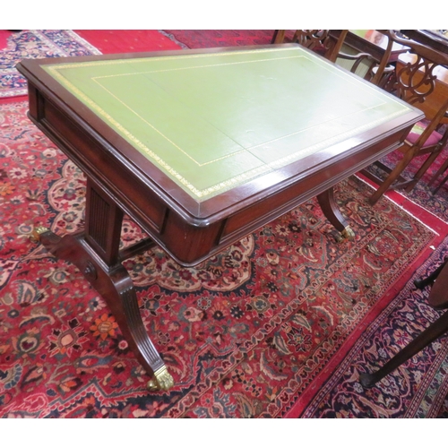 280 - Edwardian design oblong desk with leatherette inset, two drawers with drop handles, shaped columns &... 