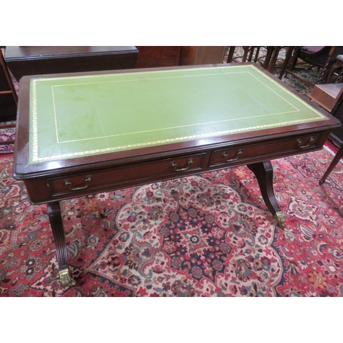 280 - Edwardian design oblong desk with leatherette inset, two drawers with drop handles, shaped columns &... 